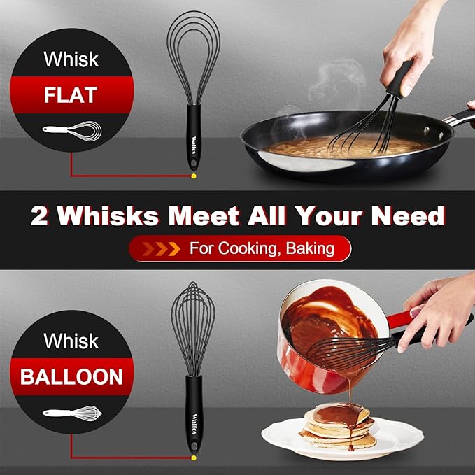 Walfos Whisk 11inch Flat Whisks and 10inch Balloon Whisk Combo,Silicone whisks for cooking,Non Scratch Coated Wisk,Suitable for Ceramic Coated pans and Wider shallower pots.(2pcs black)