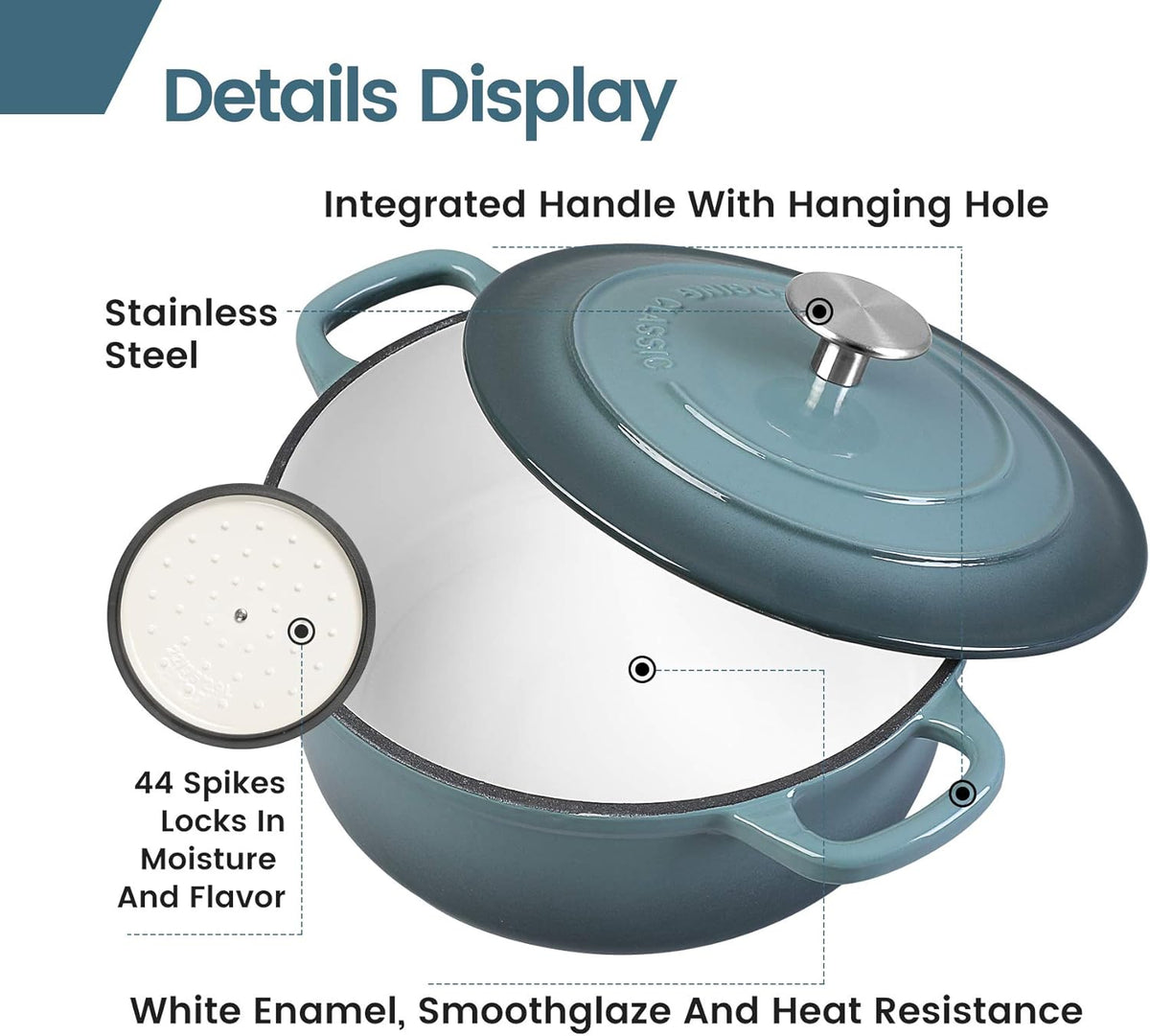 Enameled Cast Iron Covered Dutch Oven with Dual Handle, Dutch Ovens with Lid for Bread Baking, Safe to 500 degrees, 3.5 Quart, Slateblue