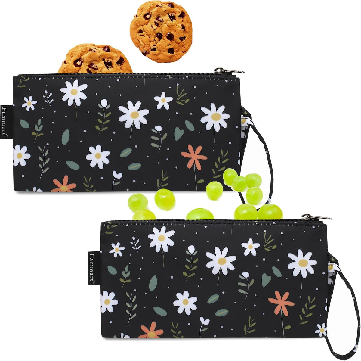 Reusable Sandwich Bag/Snack Bag for Kids & Adults, Dual Layer Lunch Bag with Handle, Washable, Food Safe, BPA Free (2-Pack, Daisy)