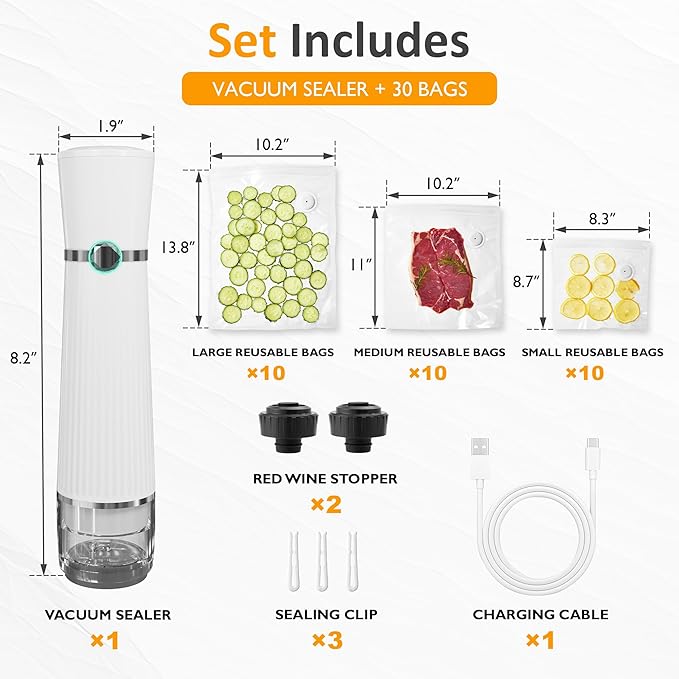 Sunvivi Portable Vacuum Sealer Machine: Food Storage Preservation, Automatic Air Sealing System with Reusable Bags, Wine Stopper & Kitchen Accessories, Handheld Food Saver for Home, Sous Vide, White