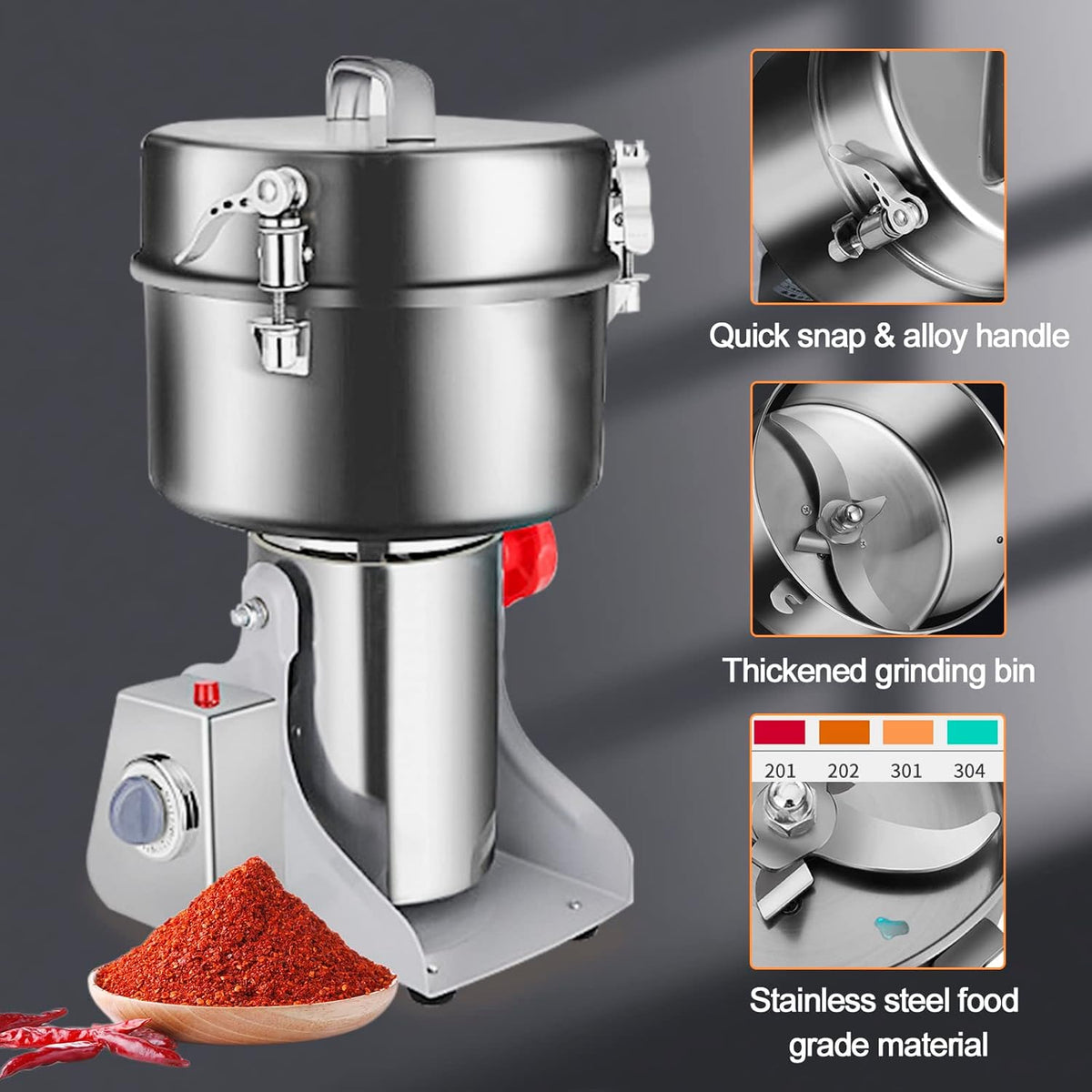 Swing Grain Mill 2500g, Electric Grain Mill, Stainless Steel Mill Grinder 4500W, High-speed Spice Herb Grinder, Commercial Superfine Machine, Dry Cereals Pulverizer 110V