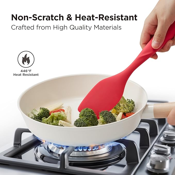 Kitchen Mama WaltzGrip Platinum Silicone Scraping Spatula: Heat Resistant, Seamless, Non Stick for Frying Pan Cookware, Safe, Flexible Bowl Scraper - Ideal for Mixing, Baking, Stirring (Red)