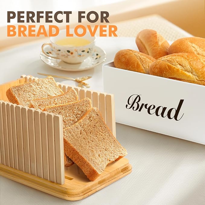 RYTOXILO Bread Slicer for Homemade Bread with Box, White Bread Storage for Kitchen Countertop with 3 in 1 Bamboo Lid, Bread Loaf Slicers Machine with Slicing Guide for Sandwich, Sourdough