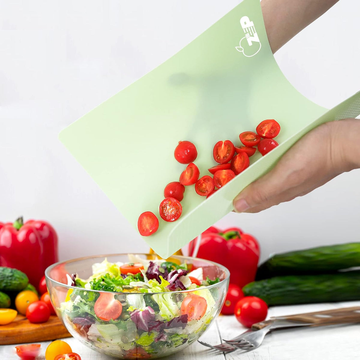 ZVP Flexible Plastic Cutting Board Set of 3 Gradient Color, Colorful Chopping Boards, BPA Free Mats, Non Slip, Dishwasher Safe, 15×12 Inch, Green Multi-Color