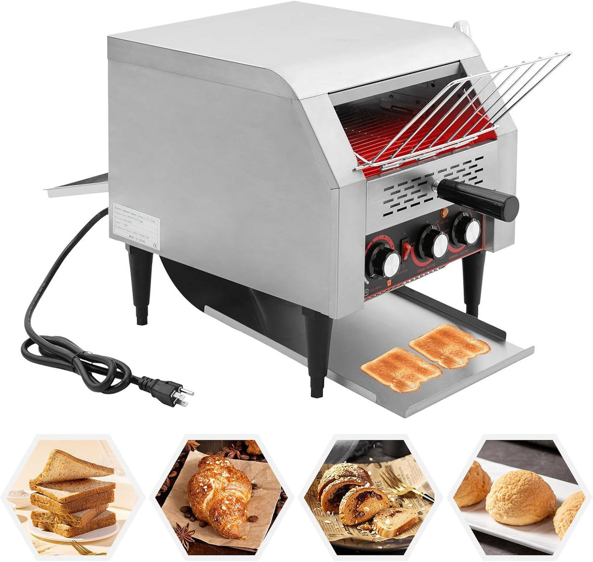 Commercial Conveyor Toaster 300 Slices/Hour Stainless Steel Conveyor Restaurant Toaster 1900W Countertop Electric Industrial Toasters w/Double Heating Tubes for Bun Bagel Bread Baked Food