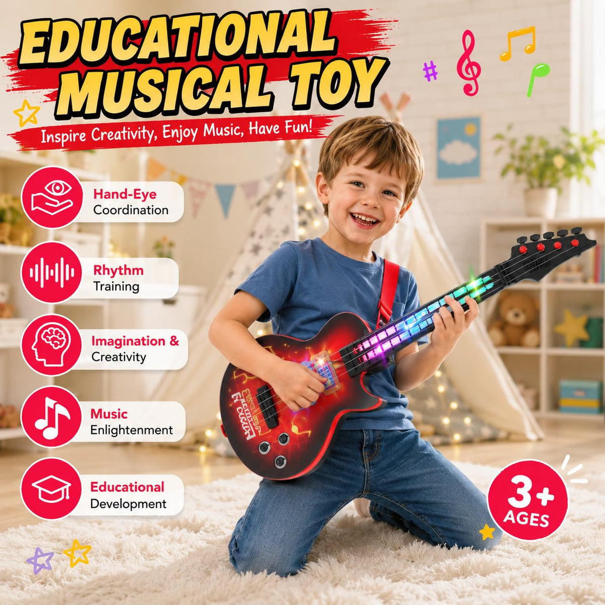Kids Electric Guitar Toy for Ages 3-5 21 Inch Light Up Guitar with 4 Strings Infrared Sensor & Strap Musical Gift for Boys Girls (Red)
