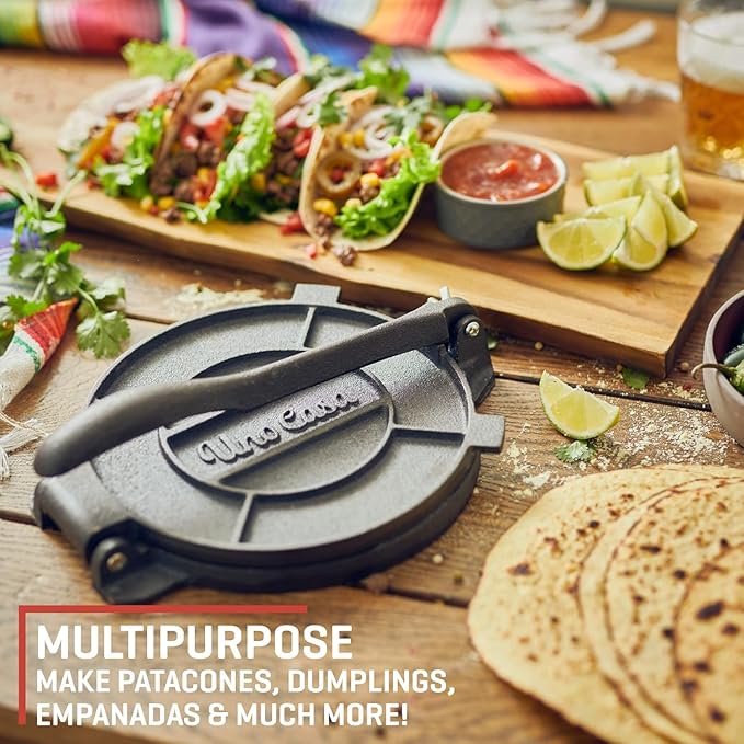 Uno Casa Cast Iron Tortilla Press 8 Inch - Tortilla Maker Press, Pre-Seasoned Roti Maker with 100 Pcs Parchment Paper - Heavy Duty Quesadilla Maker for Homemade Flatbreads, Rotis, Empanadas