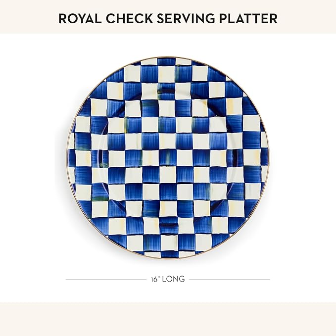 MACKENZIE-CHILDS Enamel Serving Platter, Decorative Serving Platter for Food, 16 Inches, Blue-and-White Royal Check