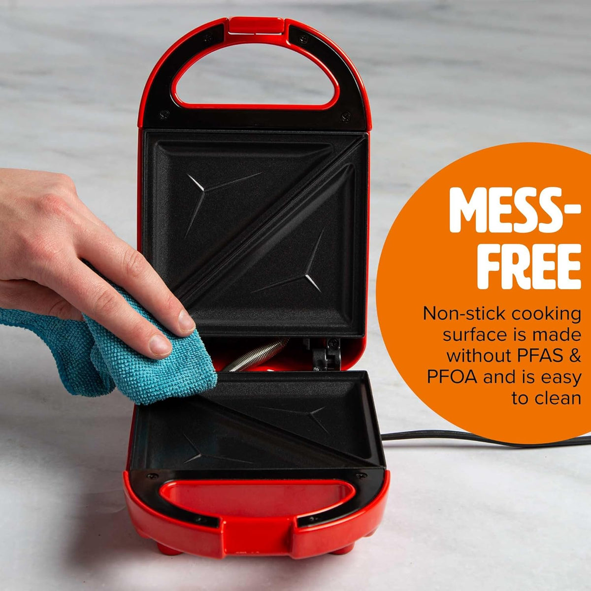 Tasty Mini Sandwich Maker, Makes Sandwiches, Paninis, Grilled Cheese, Desserts, Quick Results, Easy Cleanup, 600W, Red