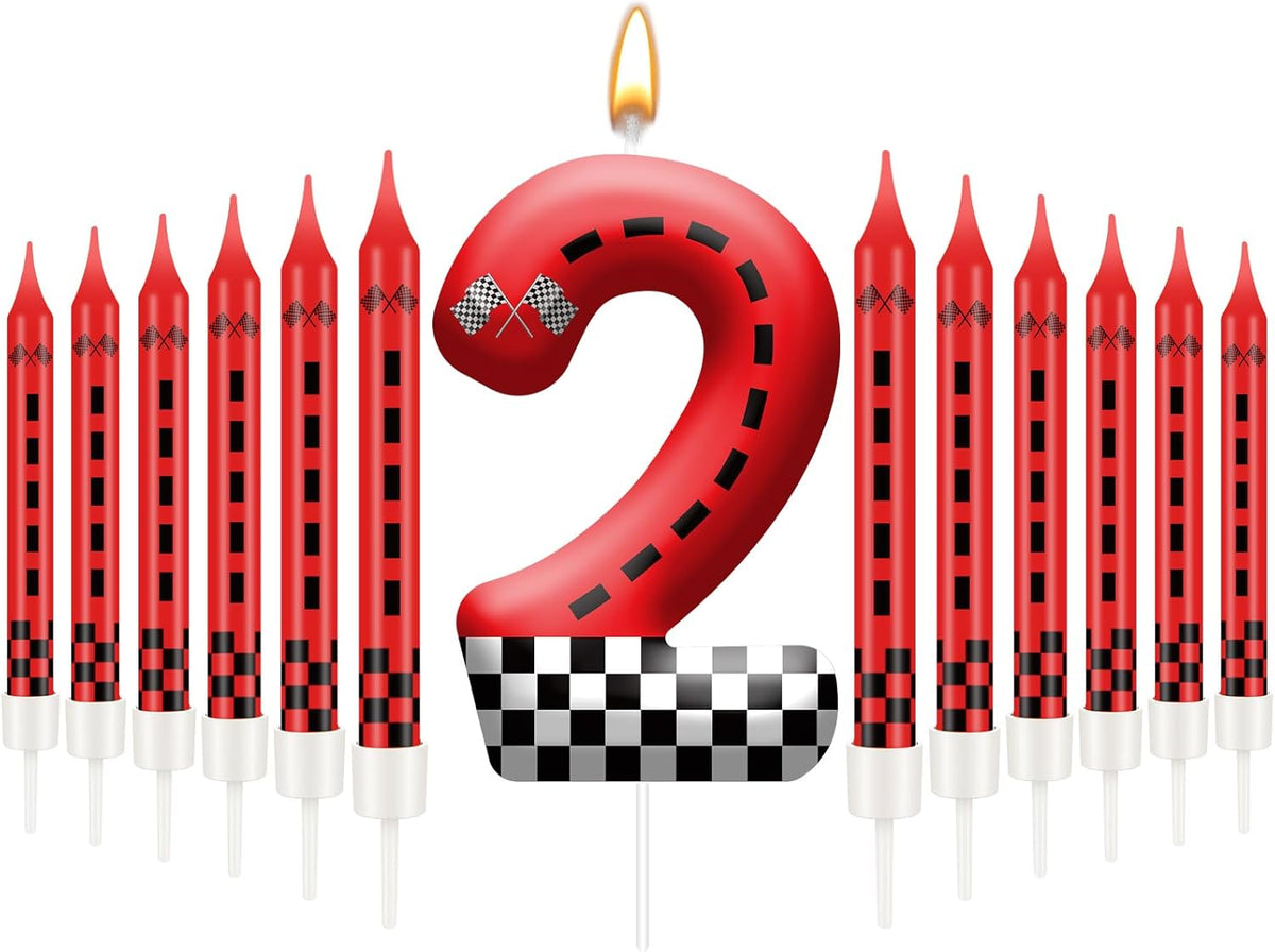 13PCS Racing Car Theme Birthday Candle Set with Checkered Flag Design - Durable Cake Topper for Race Car Party Decorations, Kids Birthday Supplies - Number 2 Candle for Racing-Themed Celebrations
