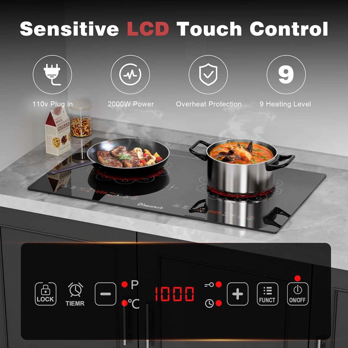 2 Burner Electric Cooktop - 24 Inch Electric Stove Built-in and Countertop, Portable Two Burner Ceramic Cook Top with Child Lock, Timer, Sensor Touch Control, 110V - 120V Plug in