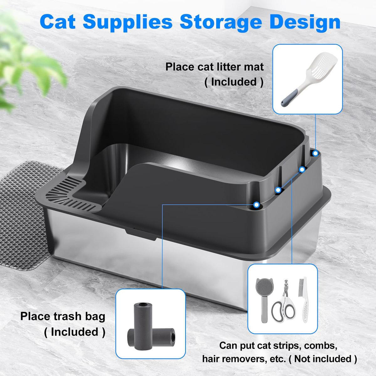 Non-Stick Stainless Steel Litter Box, XL Side Open Splash-Proof&Leak-Proof