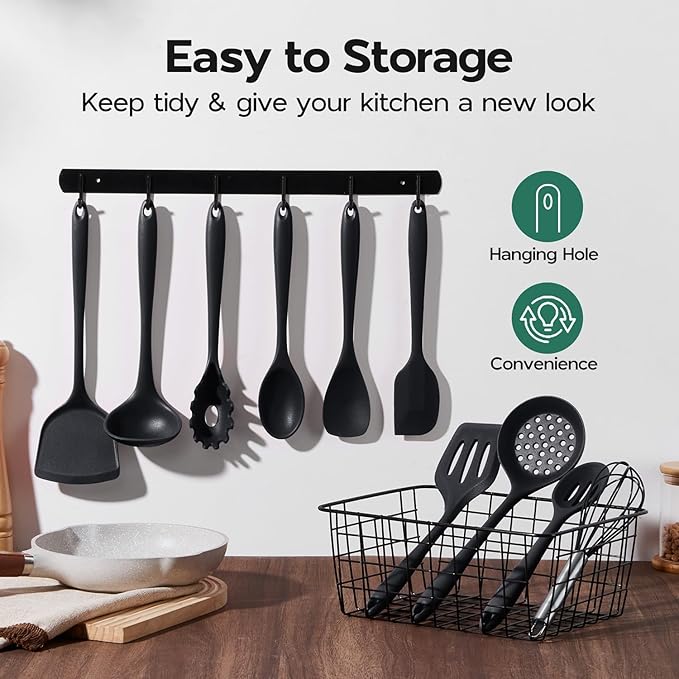 Onader Silicone Cooking Utensils Set, 10 Pieces Black Kitchen Utensils for Nonstick Cookware, Non Toxic & Dishwasher Safe