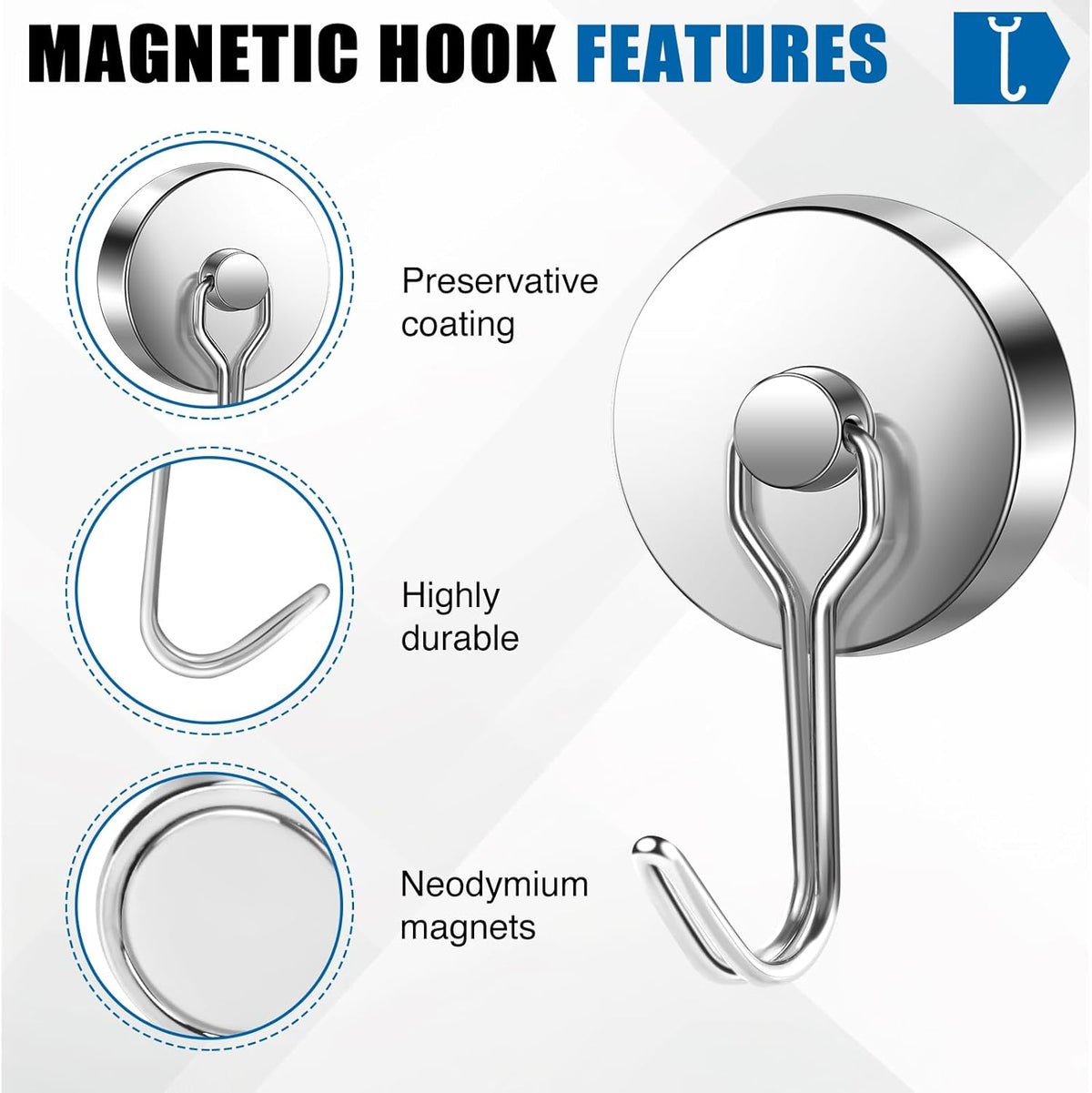 LOVIMAG Hooks, 110lbs+ Magnetic Magnet Hook 2025 Cruise Cabin Ship Essentials Heavy Duty Strong Refrigerator Fridge Hanging for Classroom Beach Vacation Kitchen Grills Home Mug Hanger (3 Pack), Silver
