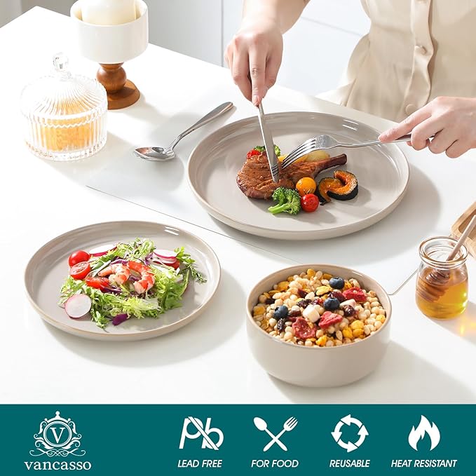 vancasso PLAYA Ceramic Plates and Bowls Sets,24 Pieces Grey Dinnerware Sets for Kitchen,Reactive Glaze Dishes Set for 8, Dishwasher and Microwave Safe