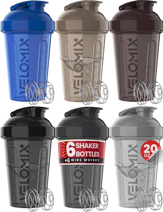 VELOMIX -6 PACK- Shaker Cups for Protein Shakes 20 oz - 6x Wire Whisk | Leak Proof Protein Shaker Bottle for Protein Shakes, Shaker Bottle Pack for Pre & Post Workout, Shaker Cup (Modern Neutrals)