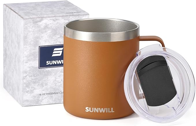 SUNWILL Insulated Coffee Mug with Lid, Travel Tumbler with Handle, 14 oz Stainless Steel Cup for Camping, Office, Home, Powder Coated Caramel