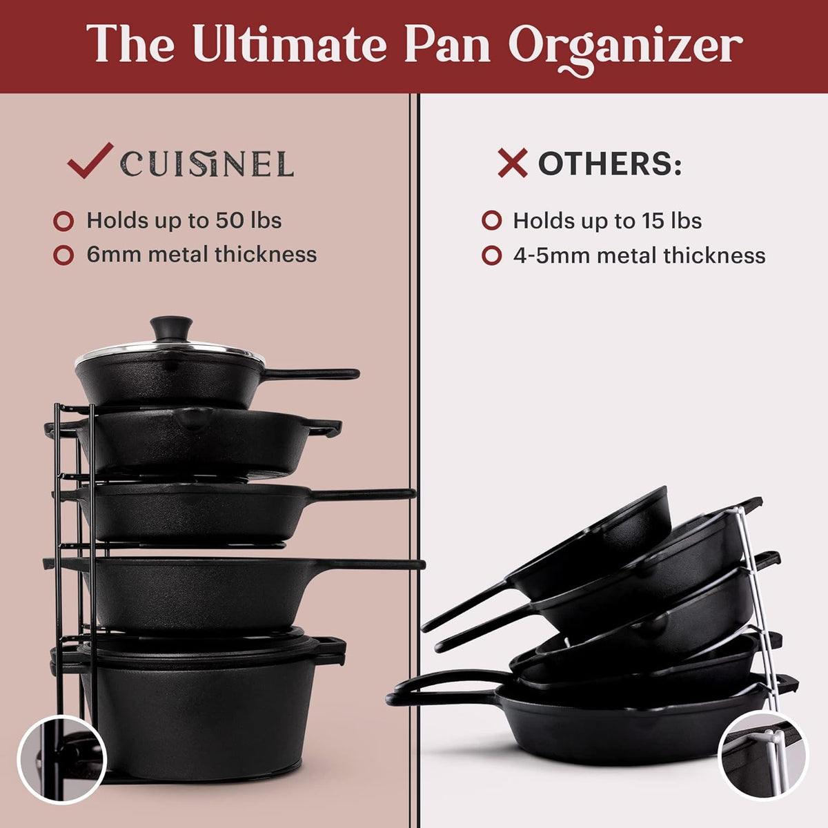 Cuisinel Pots and Pans Organizer - 15" Heavy Duty Skillet Rack - 2 Pack - Kitchen Counter/Cabinet Organization Storage - Holder for Cookie Sheet, Cutting Board, Cast Iron Cookware, Dish, Lid Stand