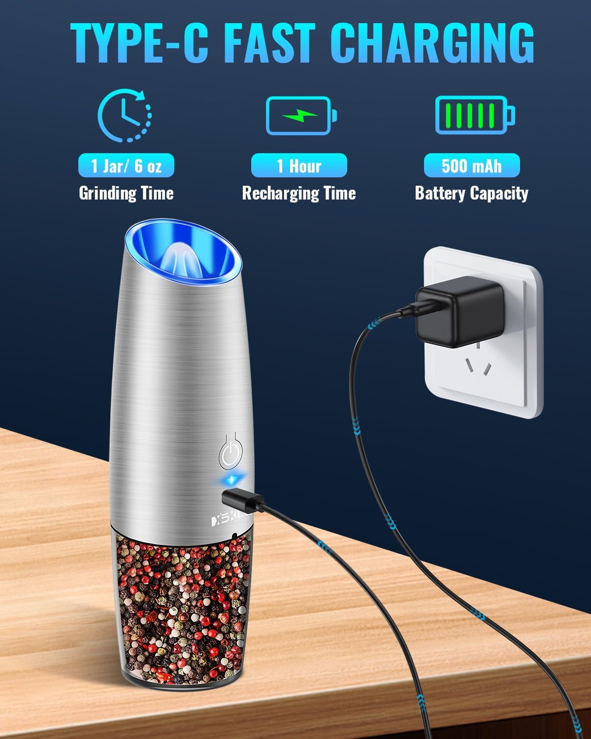 Rechargeable Electric Pepper and Salt Grinder Set, No Battery Needed, whit Gravity Sensing Switch and LED Light, One Hand Automatic Operation, Sliver, 2 Pack