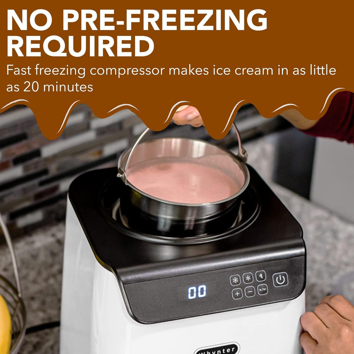 Whynter Ice Cream Maker Machine Automatic 1.28 Qt Upright with Built-in Compressor, LCD Digital Display & Timer, No Pre-Freezing, ICM-128WS, White
