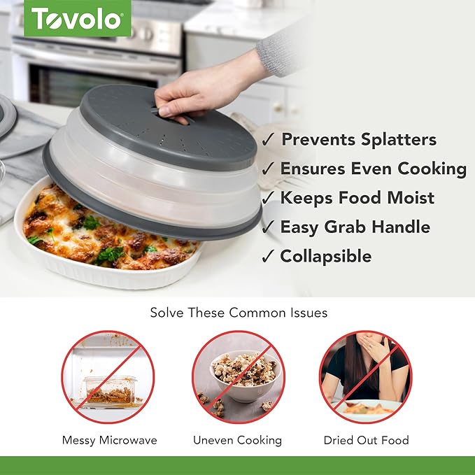 Tovolo Microwave Splatter Cover for Food, Large (Charcoal) - Collapsible & Vented Silicone Splatter Guard Lid - Microwave Plate & Dish Cover with Handle - BPA-Free Kitchen Gadget for Meal Prep