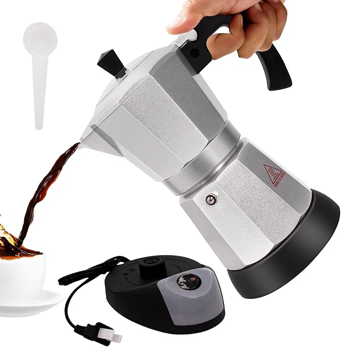Electric Aluminum Moka Pot 5-6 Cup 270ml Espresso Maker with Detachable Base Ideal Coffee Makers for Home MochaPot Italian and Cuban Café Coffeemaker Espressomaker CoffeePot Silver