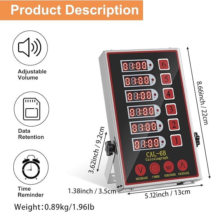 Precision Kitchen Timers for Cooking – 6 Channel Commercial Kitchen Timer Restaurant Kitchen Supplies – Stainless Steel Digital LED Chef Cooking Timer – Reminder Function, Loud Alarm, Black