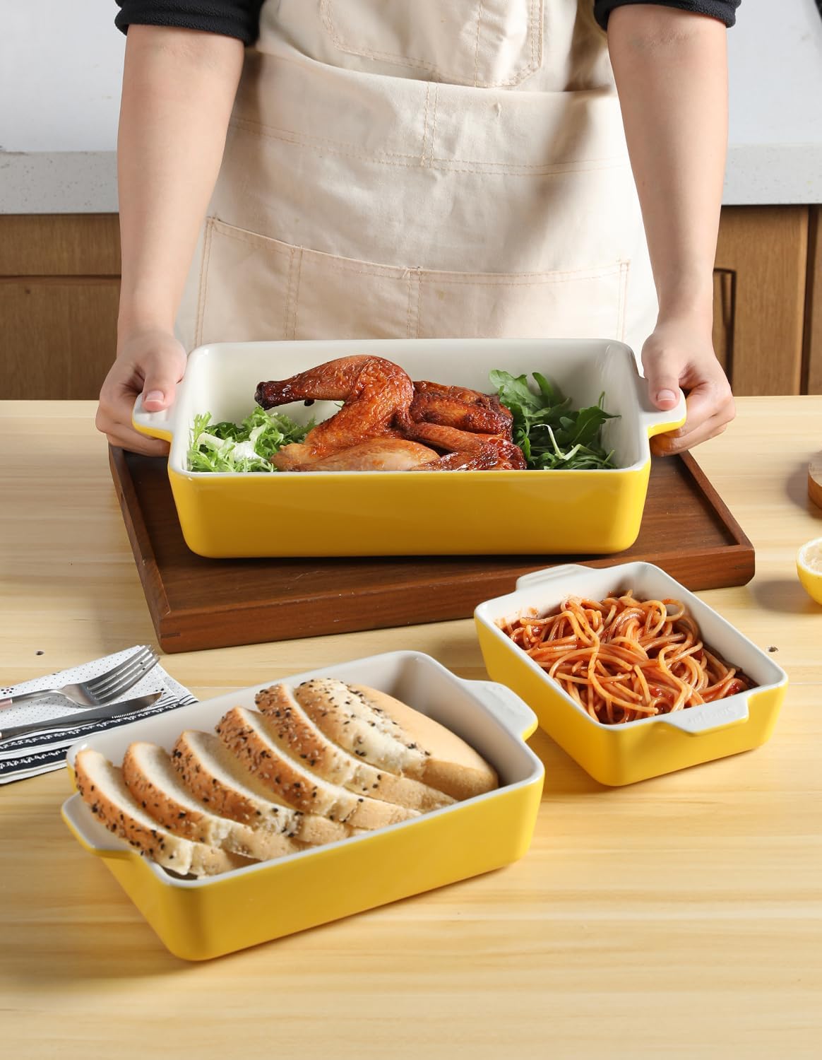 Sweejar Ceramic Bakeware Set, Rectangular Baking Dish for Oven Lasagna Pans for Cooking, Kitchen, Cake Dinner, Banquet and Daily Use, 11.8 x 7.8 x 2.76 Inches of Casserole Dishes (Yellow)