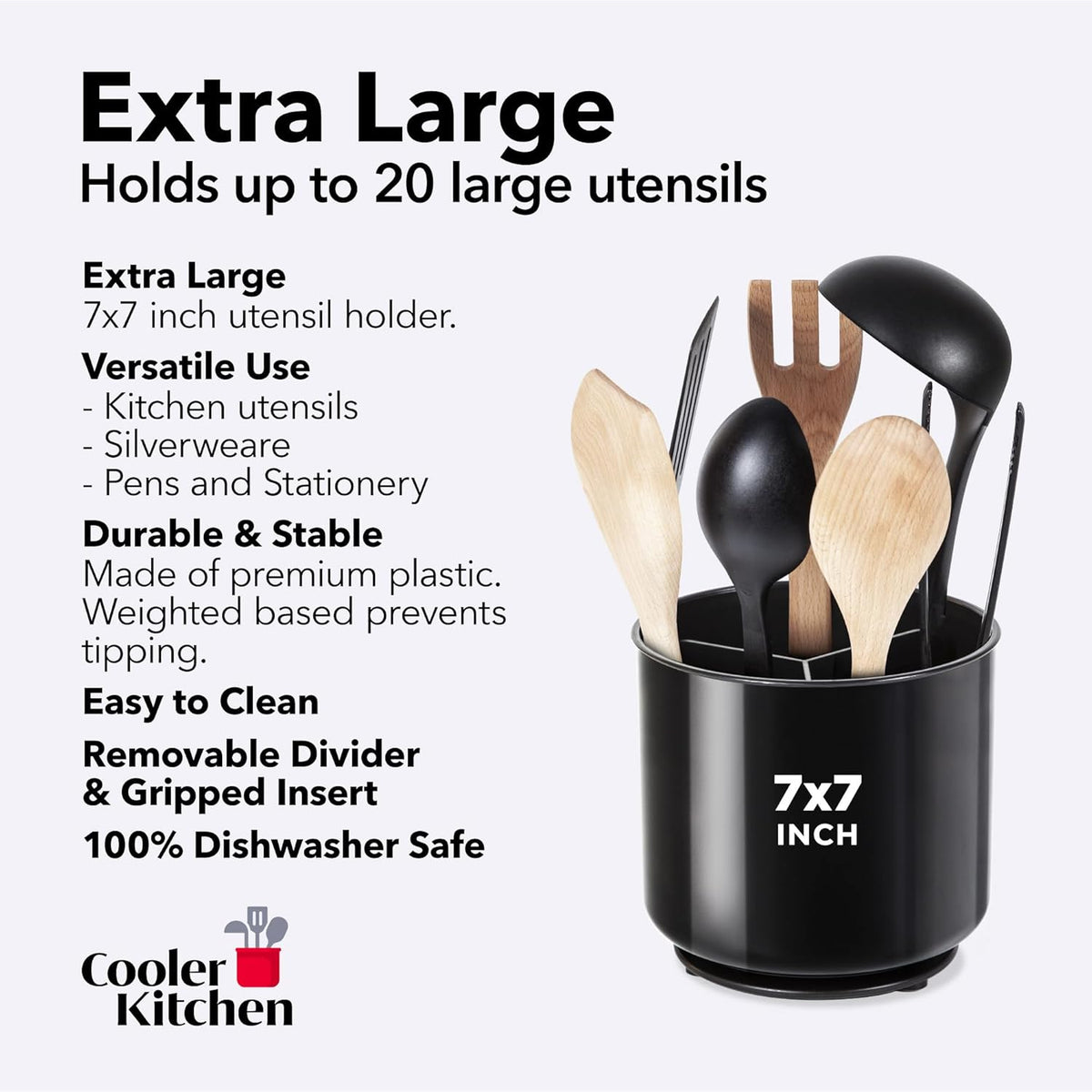 Extra Large Sturdy Rotating Black Utensil Holder Caddy with No-Tip Weighted Base, and Gripped Insert - Rust Proof and Dishwasher Safe Kitchen Utensils Holder