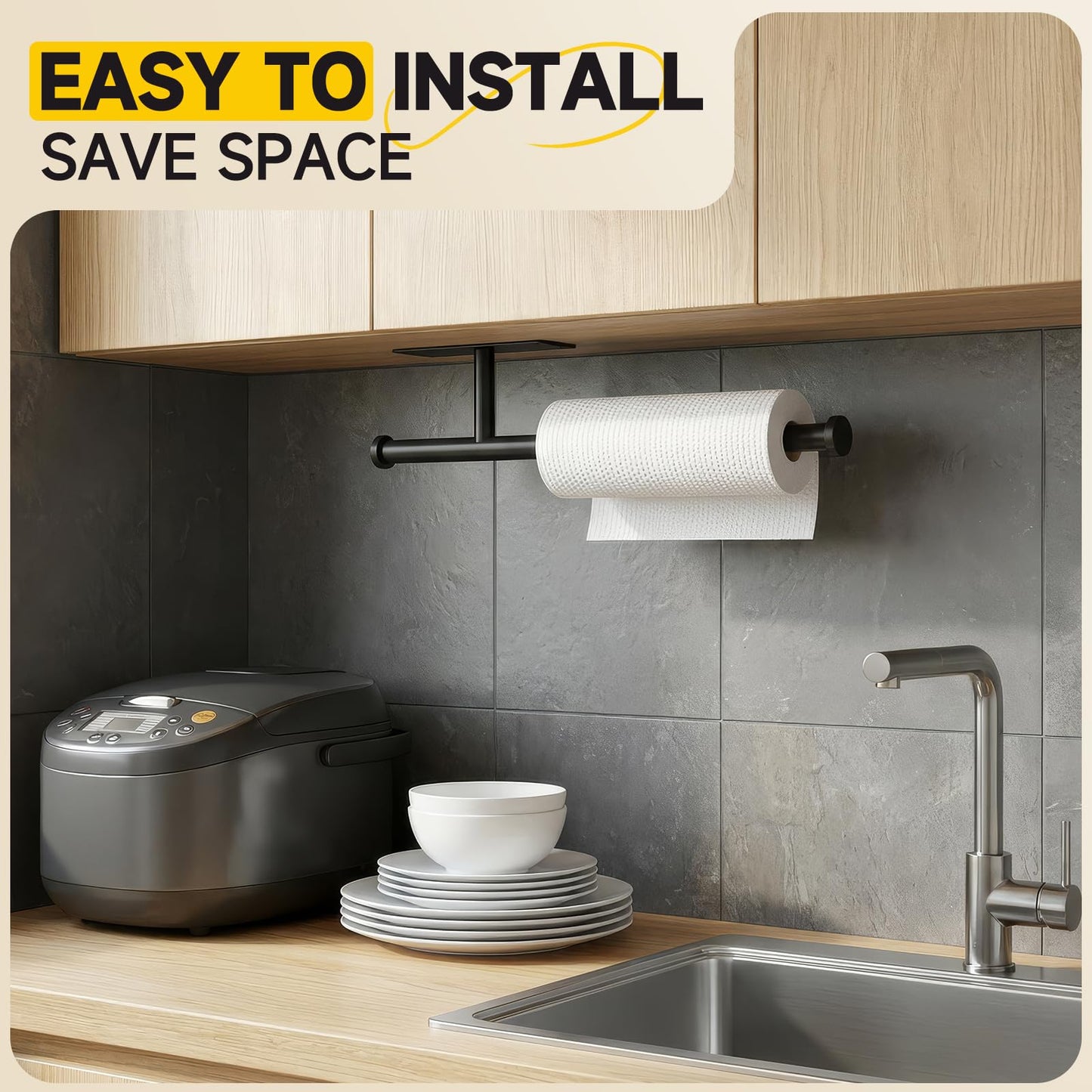 FISHCLOUD Paper Towel Holder Wall Mount - Self Adhesive No Drill or Drilling, SUS304 Stainless Steel - Kitchen, Bathroom, Sink, Pantry, Fridge(Black)
