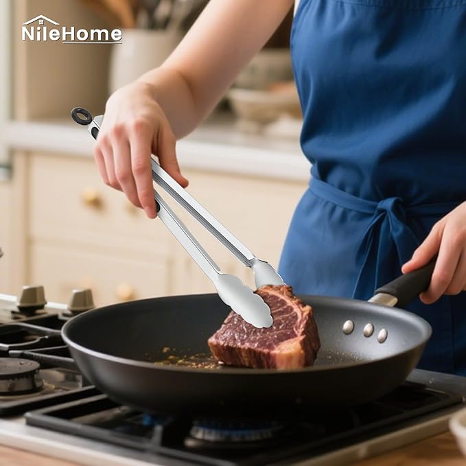 NileHome Tongs for Cooking, Professional Stainless Steel Cooking Tongs – Heat-Resistant for Grilling, BBQ, Serving Salad, Pasta, and Kitchen Use, Dishwasher Safe, Set of 7" 9" 12", Silver