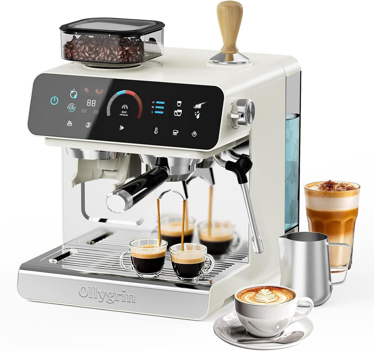Espresso Machine with Grinder, 20 Bar Professional Espresso Maker with 19 Grind Sizes, Coffee Machine with Milk Frother, 2.8L Removable Water Tank for Latte & Cappuccino
