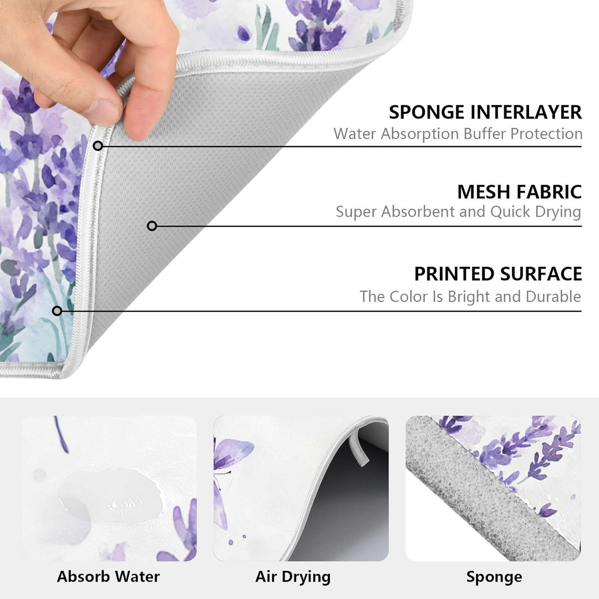 Purple Lavender Spring Summer Flower Floral Dish Drying Mat for Kitchen Counter Absorbent Microfiber Large Drying Pad Dish mats for Kitchen Countertops 18 x 24 Inch