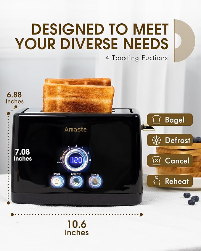 2 Slice Toaster, Retro Bread Toaster with LED Display, Extra Wide Slots Toasters with 6 Bread Shade Settings, Bagel, Cancel, Defrost Function, Stainless Steel with High Lift Lever, Removal Crumb Tray