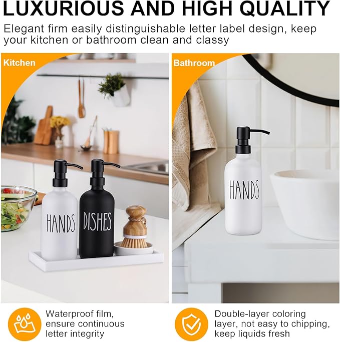 Glass Soap Dispenser for Kitchen, Farmhouse Dish Soap Dispenser&Hand Soap Dispenser Set,Rustproof Pump Soap Lotion Dispenser Set with Tray and Dish Brush,Kitchen Decor(Black&White)