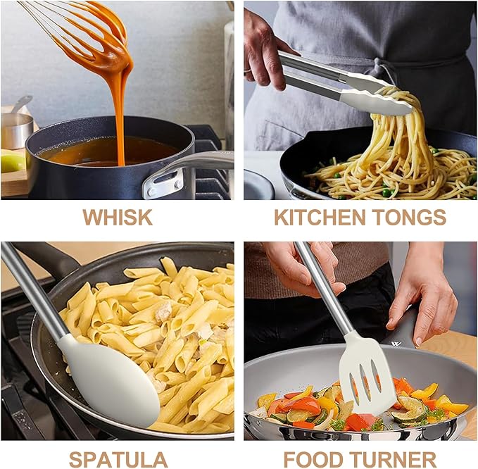 Kitchen Utensils Set-Umite Chef 34 Pcs Silicone Cooking Utensils Set for Nonstick Cookware-Silicone Spatulas Set, Stainless Steel Handle-White Kitchen Gadgets Tools, Pots and Pans Accessories