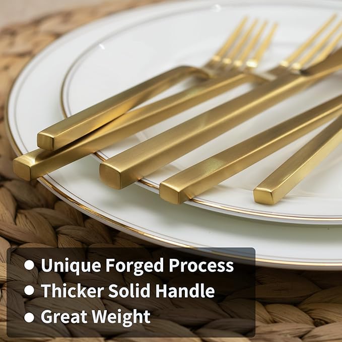 Alata Cube Gold 20-Piece Flatware Set, Forged Cutlery Set, Matte Gold Silverware Service for 4, Stainless Steel Tableware with Square Handle for Home/Restaurant, Dishwasher Safe