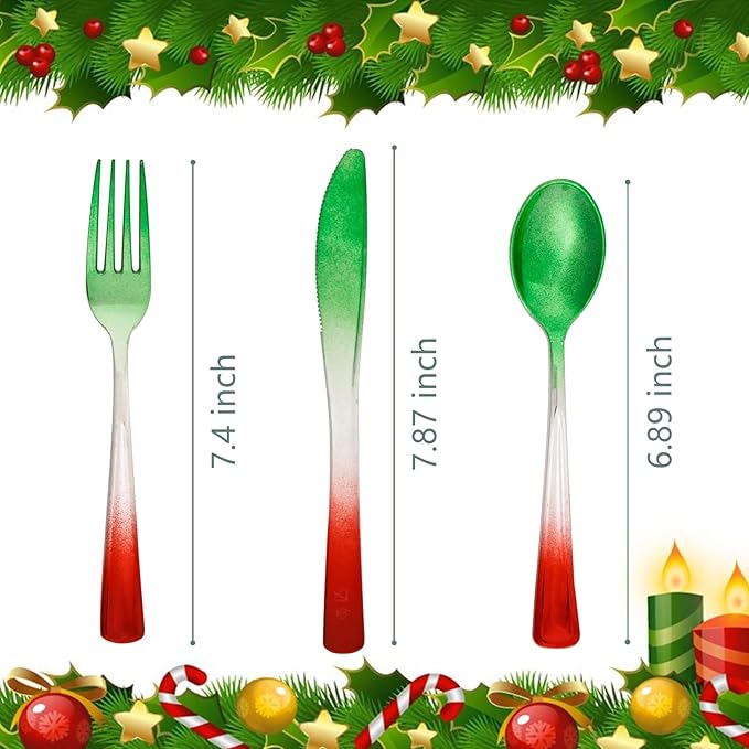 LIYH 120 Pcs Christmas Plastic Silverware - Green and Red Plastic Silverware for Xmas, Gold Cutlery Disposable for Christmas Day Holiday, Gathering