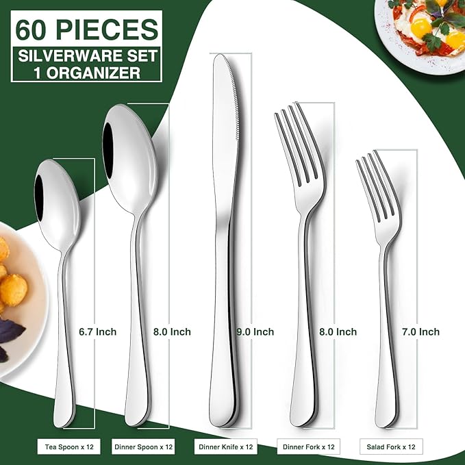 60-Piece Silverware Set with Organizer,AIVIKI Stainless Steel Flatware Set for 12,Cutlery Utensil Sets for Home Restaurant,Tableware Set Include forks spoons and knives,Mirror Polished,Dishwasher Safe