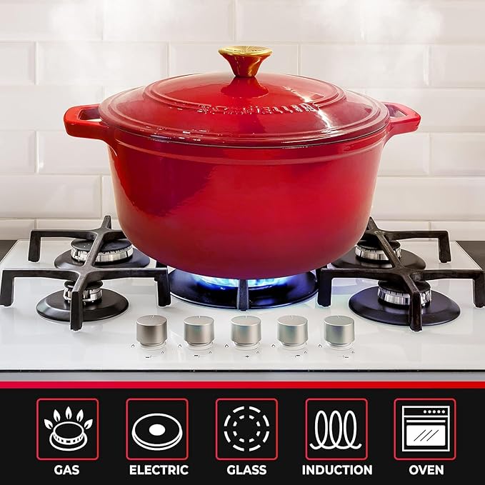 MUELLER HOME 4.5 QT Enameled Cast Iron Dutch Oven, Heavy-Duty Casserole Dish and Braiser Pan with Lid and Stainless Knob, Oven-Safe up to 500° F & Across All Cooktops, Red