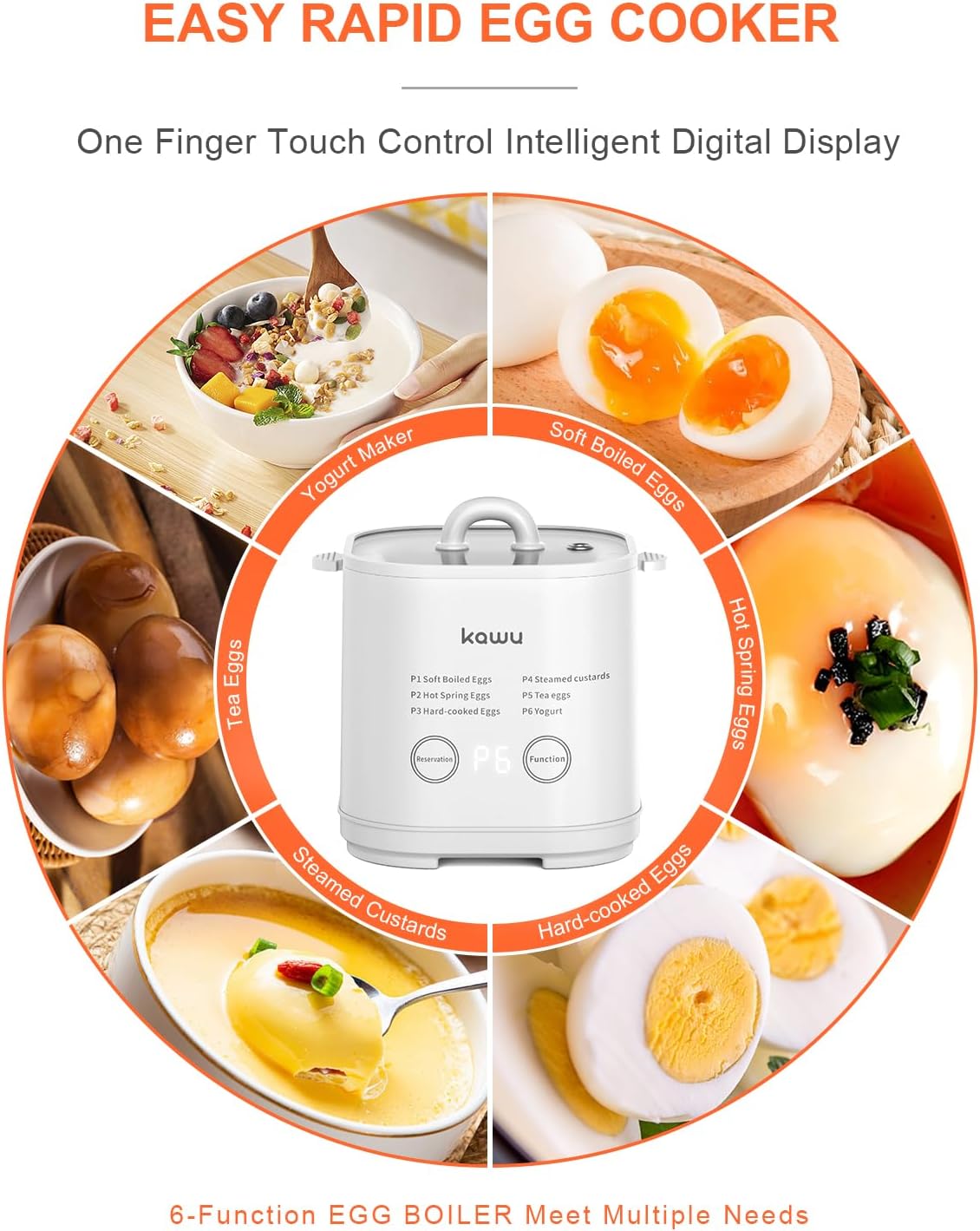 kawu 6-Function Egg Cooker for Hard Boiled Eggs, Egg Boiler with Timer, Egg Cooker for Soft Boiled Egg, Electric Egg Boiler with Auto Shut Off &Alarm, W/Bowl&Rack