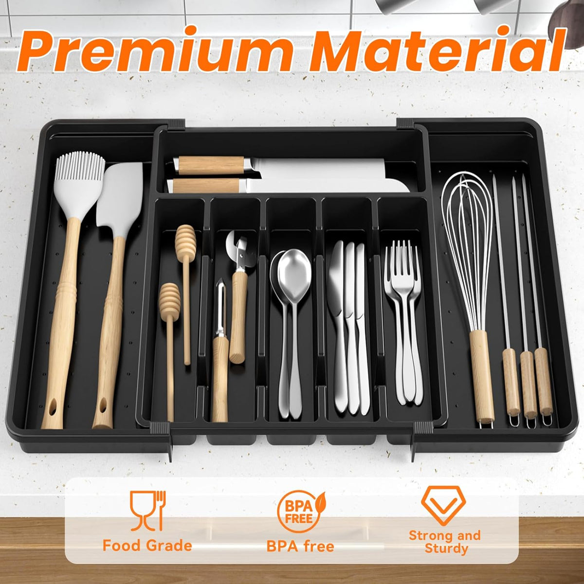 Large Silverware Organizer,Expandable Utensil Drawer Organizer,BPA Free Utensil Holder,Adjustable Silverware Tray Cutlery Drawer Organizer for Kitchen Flatware,Large,Black,2 Pack