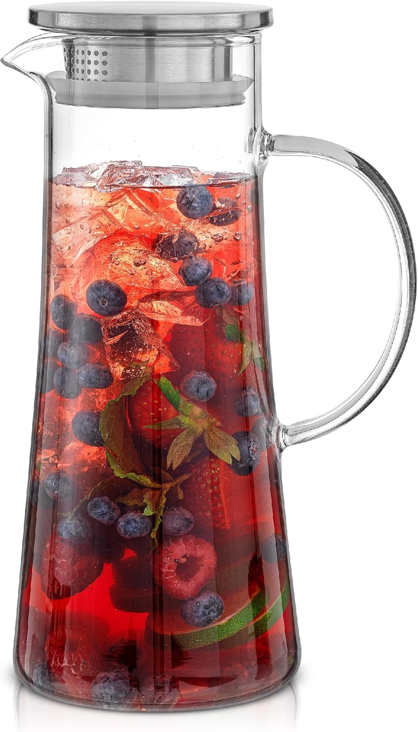 JoyJolt Glass Pitcher with Lid - 50oz Borosilicate Water Carafe, Jug with Stainless Steel Lid for Iced Tea, Lemonade, Juice, Mixed Drinks