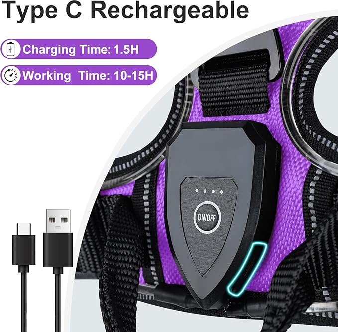 Taglory Light Up Dog Harness, Rechargeable No Pull Dog Vest with 3 Lightning Modes, Reflective Dog Harness with 2 Leash Clips & 4 Adjustable Slide Strips for Large Dogs, Purple-Orange, XL