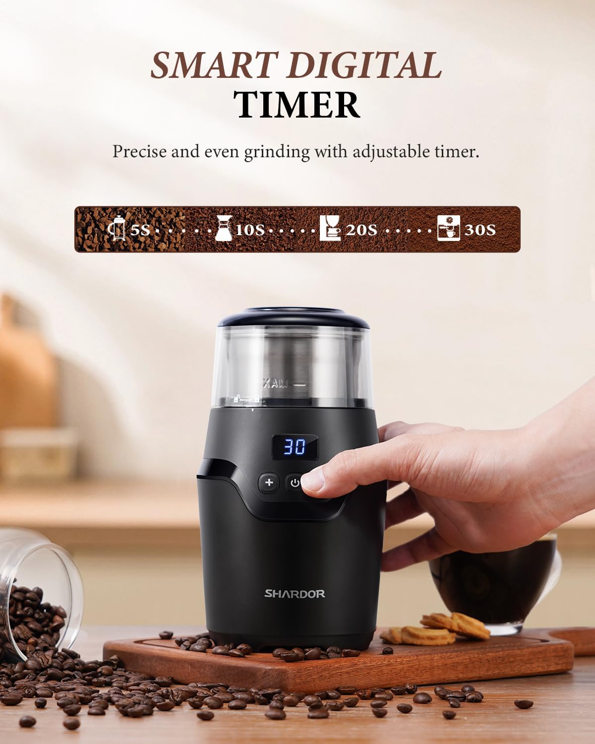 SHARDOR Adjustable Coffee Grinder Electric, Super Silent Electric Coffee Bean Grinder with Time-Memory Adjustment and Multi-Functional Stainless Steel Cup for Spices, Herbs, and Nuts Grinding, Gray