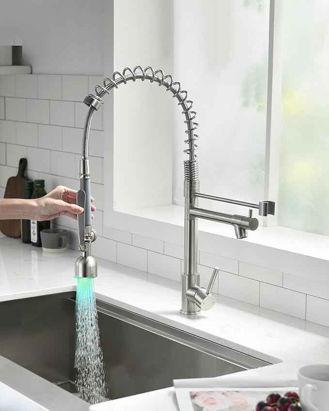 Fapully Commercial Single Handle Pull Down Sprayer Brushed Nickel Kitchen Faucet, Kitchen Sink Faucet with LED Light