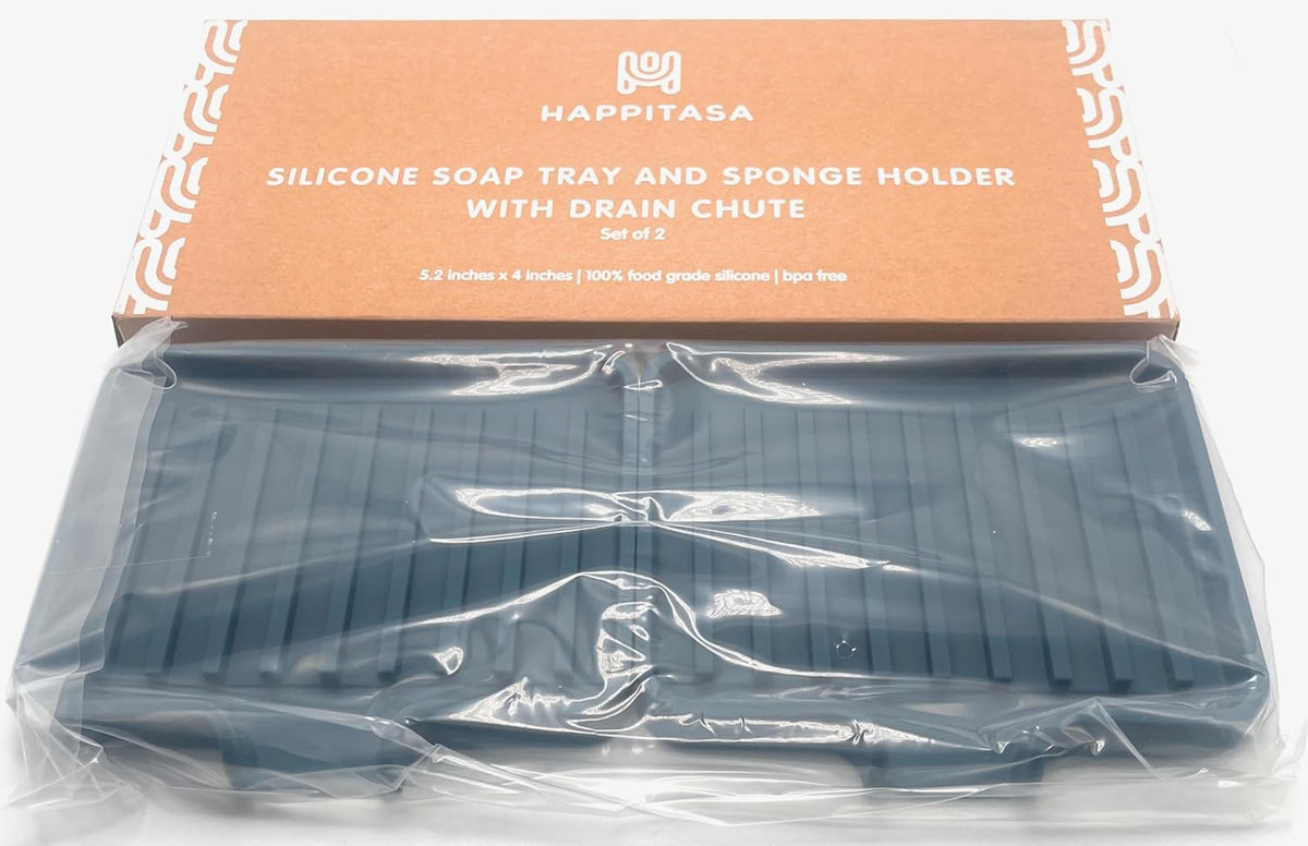 Happitasa Silicone Soap Dish Tray and Sponge Holder with Drain Chute, Pack of 2 | Bathroom and Kitchen Sink Organizer Caddy (Smoky Blue, 5.2"x4", 7.2 Ounces)