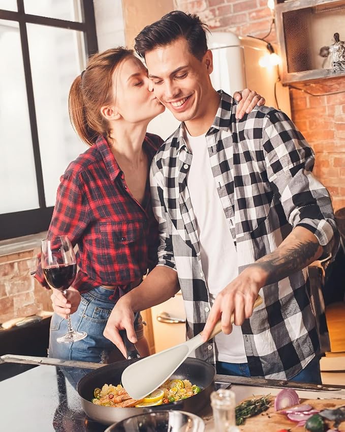 Multifunction Spatula Spoon for Nonstick Cookwares, Great for Cooking and Serving, Sturdy BPA-Free Matte Silicone, Wood Handle Spatula for Mixing, Scoop, and Scrape, Khaki(2 pack,11.4" & 13.4")