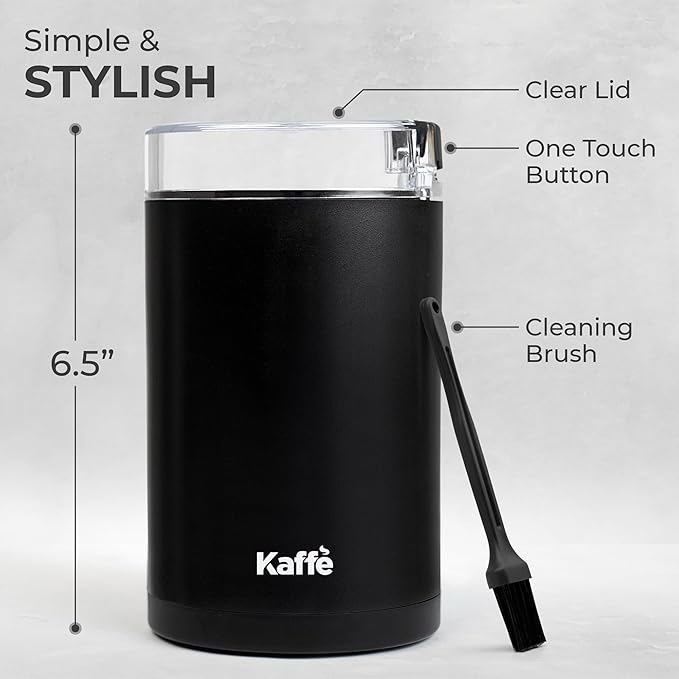 Kaffe One-Touch Coffee Grinder Electric w/Cleaning Brush (3 oz) - Coffee Grinders for Home Use - Up to 12 Cups of Coffee per Grind - Easy On/Off Coffee Bean Grinder - Matte Black