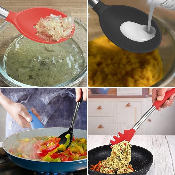 Silicone Spatula and Cooking Spoon,5 Pack Non-Stick Cooking Utensils for Kitchen，Heat Resistant Solid & Slotted Spoons and Spatulas, Stainless Steel Handle Coated with Silicone,Red